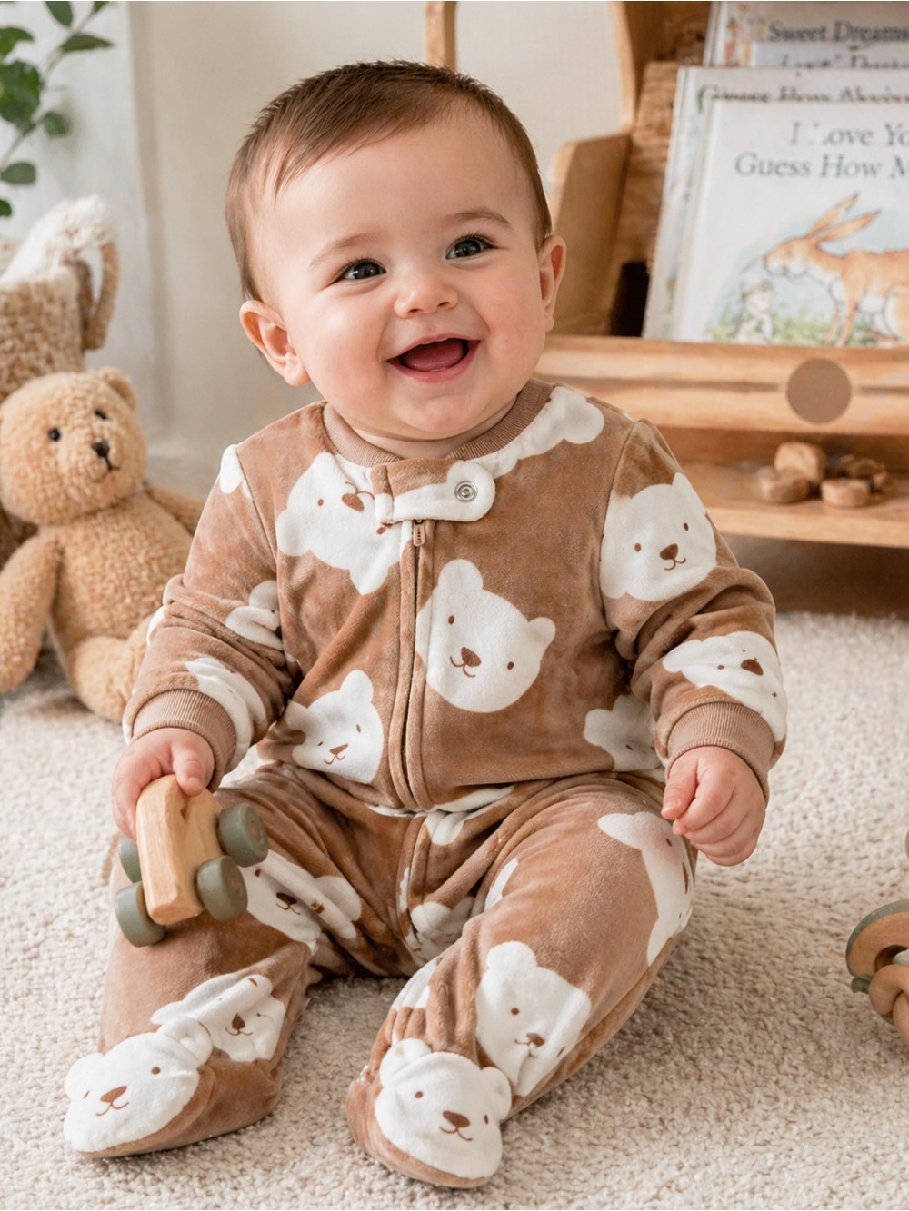Carter’s Newborn Baby Boy Fleece Footed Pajamas Bear Print Zip Sleeper Brown NWT - Picture 2 of 4